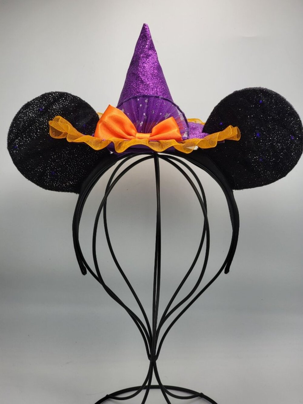 Halloween Mouse Ears Headband With Purple Glitter Witch Hat & Orange Bow